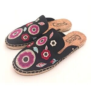Sam Edelman Circus Lucy  Espadrille Slides Blk Multi Floral Embroidered Sz 6